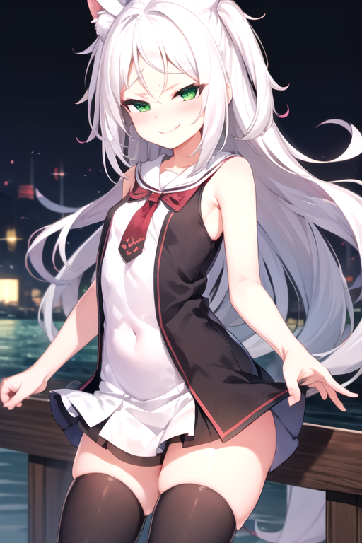 07452-2746649751-masterpiece, best quality, dock,solo,white hair, green eyes,long hair, sleeveless dress, thighhighs, smirk, miniskirt  _lora_Sim.png